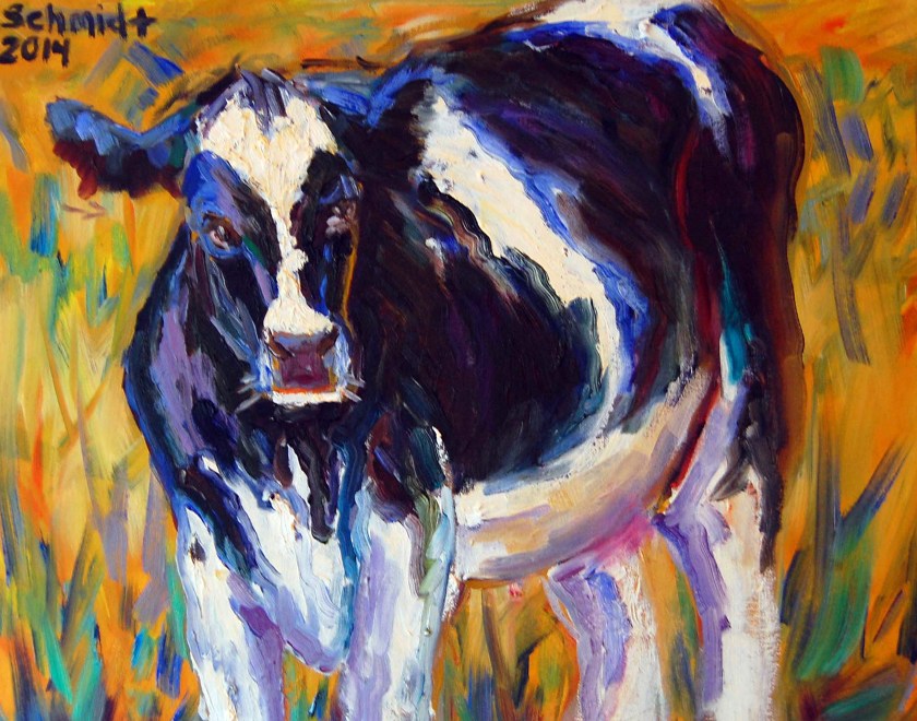 Cow, grazing, meadow, black and white, field