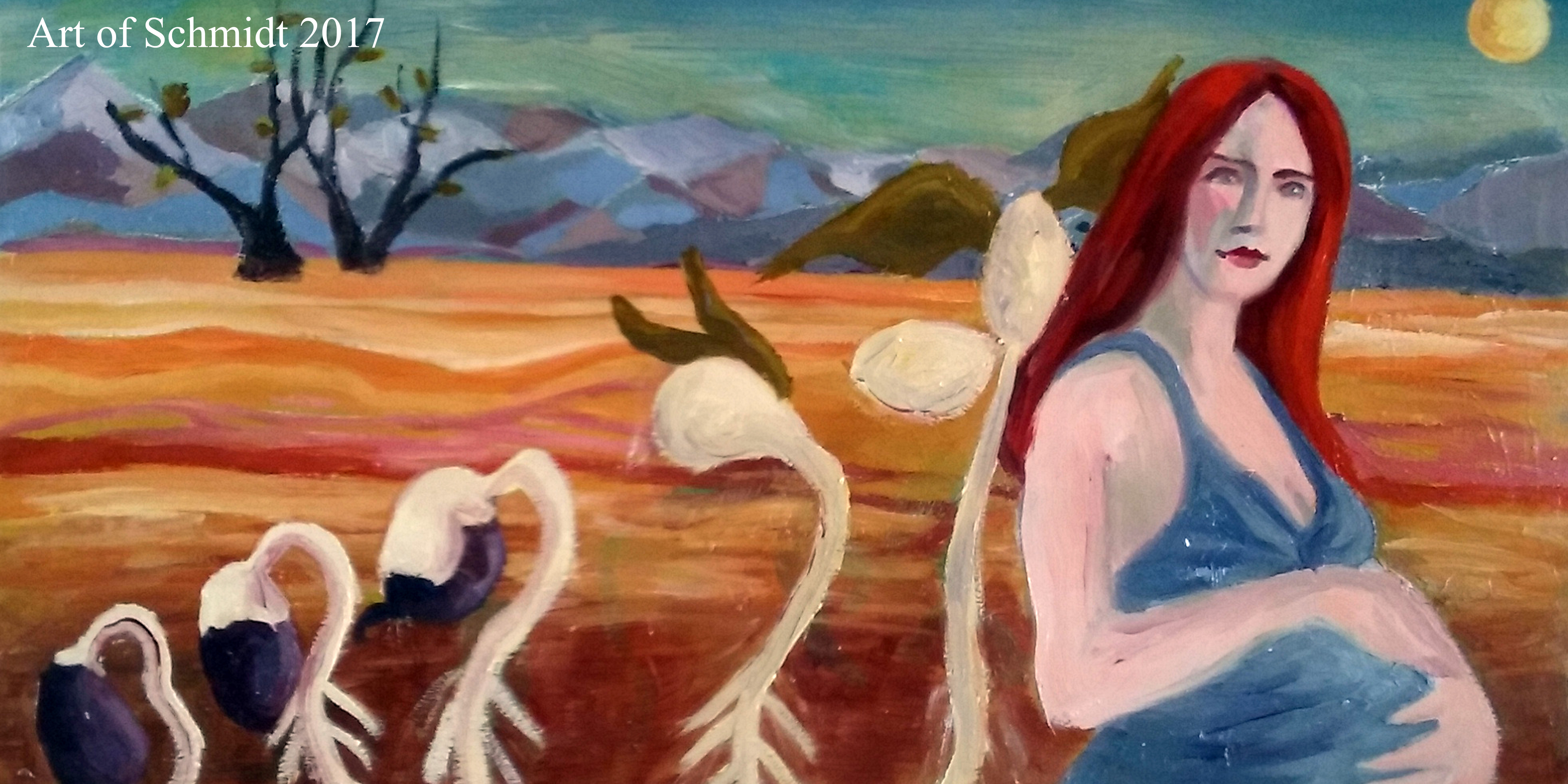 Desert landscape with pregnant woman and plants