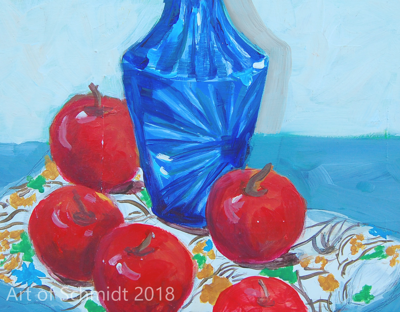 Apple Still Life with blue bottle, flat