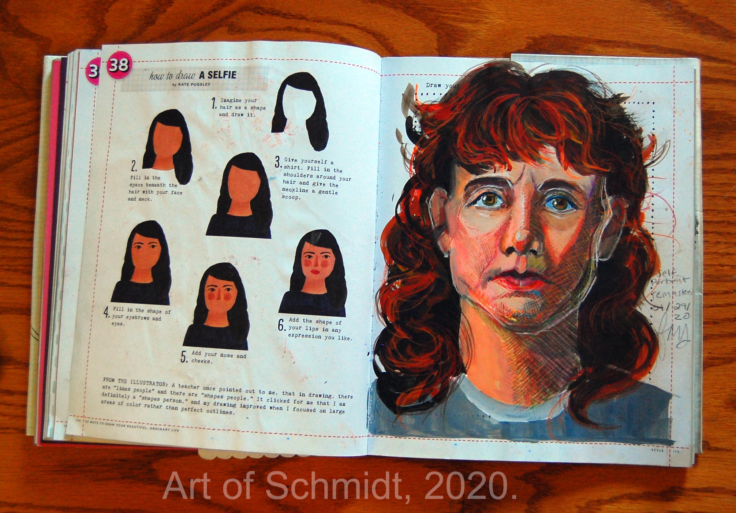 mixed media self-portrait sketch, flat